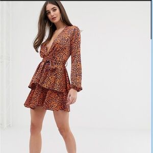 ASOS John Zack plunge front skater Dress in contrast Leopard Size XS